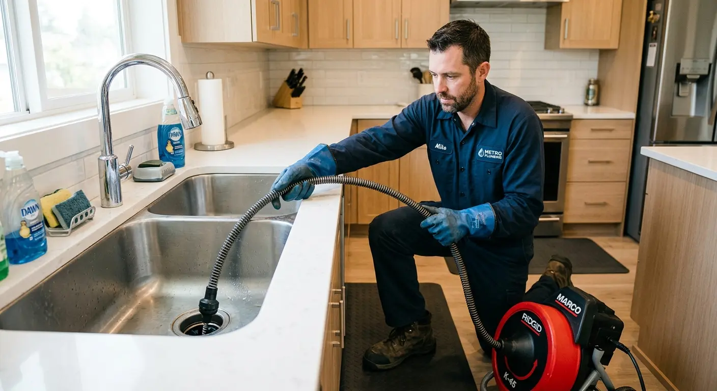 Drain cleaning technician using a motorized snake on a kitchen sink in Evanston