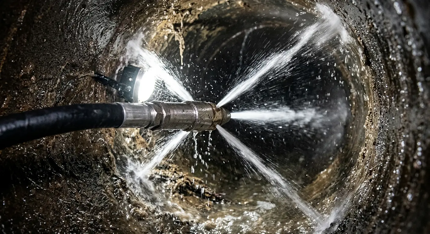High-pressure hydro jetting nozzle cleaning sewer pipe for Storm Drain Cleaning in Evanston